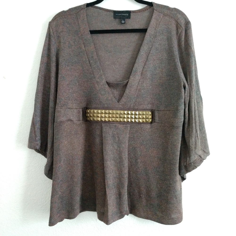 Investments Lightweight Sheer Sweater Brass Stud Detail Brown Large Chest 42"